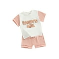 thumbnail image 1 of FEORJGP Toddler Girl Summer Shorts Set 3M 6M 1T 2T 3T Infant Baby Short Sleeve T-Shirt Round Neck Shirt Letter Embroidery Tops with Drawstring Shorts 2Pcs Loose Casual Outfit, 1 of 9