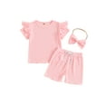 thumbnail image 1 of FEORJGP Toddler Girls 3-Piece Basic Ribbed Set 0 6M 12M 18M 2T 3T Infant Baby Ruffles Short Sleeve T-Shirts Round Neck Lace Tops Elastic Waist Shorts irl Casual Cute Summer Outfits for Daily, 1 of 7