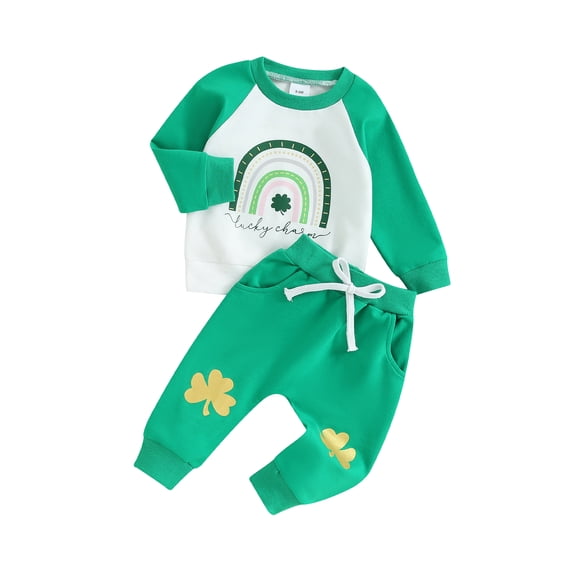 FEORJGP Toddler Girls Autumn Outfits Long Sleeve Sweatshirt Rainbow Print Pullover Crew Neck Tops Clover Print Pants Drawstring Sweatpants Clothes Sets
