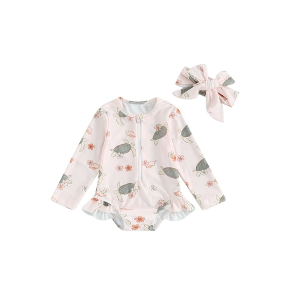 FEORJGP Toddler Girls Rash Guard Bathing Suit 6M 12M 18M 2Y 3Y 4Y Kids One-piece Swimsuits Long Sleeve Jumpsuit Watermelon/Daisy Print Ruffled Zipper Swimwear Cute Sweet Fashion Summer Beachwear