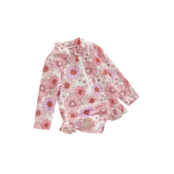 FEORJGP Toddler Girls Rash Guard Swimsuit 6M 1T 2T 3T 4T Infant Baby One-piece Swimwear Long Sleeve Zipper Rompers Flower/Shell/Flamingo Print JumpsuiKids Cute Ruffles Bathing Suit Beachwear