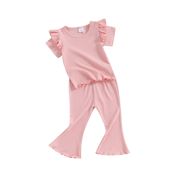 FEORJGP Toddler Girls Spring Summer Outfits Kids Fly Sleeve T-Shirts Crew Neck Shirt Solid Color Rib Tops Elastic Waist Flare Pants Little Girls 2Pcs Cute Casual Daily Clothes Set
