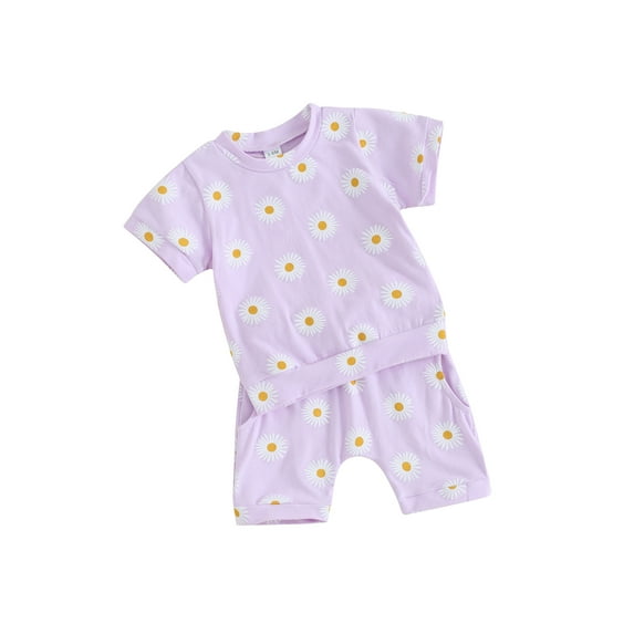 FEORJGP Toddler Girls Summer Daily Outfit Infant Baby 3M 6M 1T 2T 3T Short Sleeve T-shirt Crew Neck Shirt Daisy Print Tops Drawstring Shorts Sets Little Girl Cute Loose Casual Clothes
