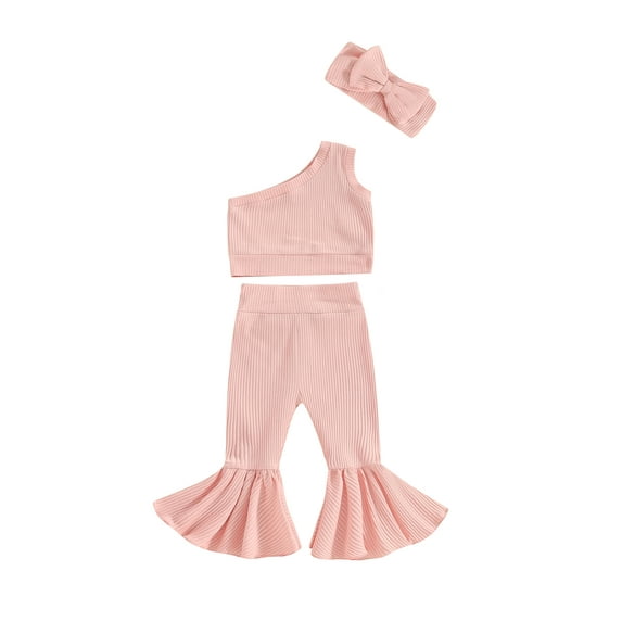FEORJGP Toddler Girls Summer Outfits Kids Baby 6M 1T 2T 3T 4T One Shoulder Vest Sleeveless Crop Waistcoat Ribbed Tank Tops + Elastic Waist Flare Pants + 3D Bow Headband Infant Fashion Cool 3 Piece Set