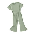 thumbnail image 1 of FEORJGP Toddler Girls Summer Ribbed Outfits 1-5Y Infant Baby Short Sleeve T-shirt Crewneck Shirt Tops Solid Color Flared Pants Sets Loose Casual Slim Clothes Set, 1 of 9