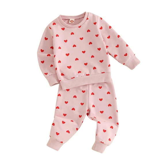 FEORJGP Toddler Girls Valentine's Day Outfit Infant Baby Long Sleeve Pullover Heart Print Jumpers Crew Neck Sweatshirt Tops with Elastic Waist Sweatpants Spring Fall Clothes