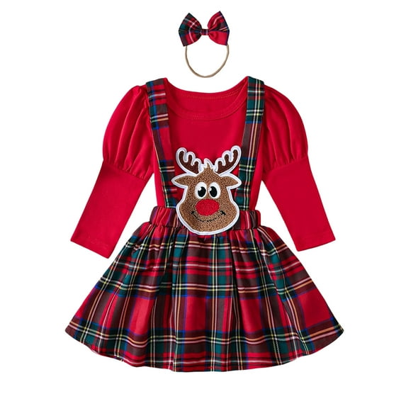 FEORJGP Toddler Infant Baby Girls Christmas Outfits Puff Sleeve Jumpsuit Crew Neck Romper + Deer Suspender Skirt A-line Skirt + Headband Set Newborn Cute Clothes