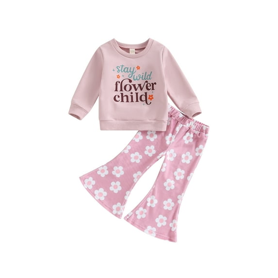 FEORJGP Toddler Infant Girls Autumn Outfits Long Sleeve Pullover Letter Print Sweatshirt Crew Neck Jumpers Tops Floral Flared Pants Sets Loose Casual Clothes Set
