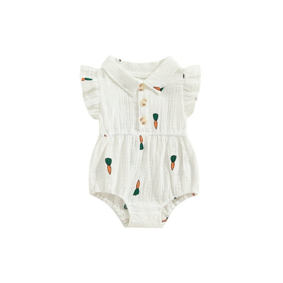 FEORJGP Toddler Little Baby Girl Summer Romper 0 3M 6M 12M 18M Infant Fly Sleeve Jumpsuit Carrot Print Button Front Bodysuit Newborn Kids Fashion Cute Sweet Comfy Playsuit for Daily Vacation