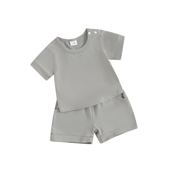 FEORJGP Toddlers Baby Shorts Set Infant Short Sleeve T-shirt Solid Color Shirt Crew Neck Tops with Elastic Waist Drawstring Shorts Kids 2-piece Loose Casual Daily Outfit