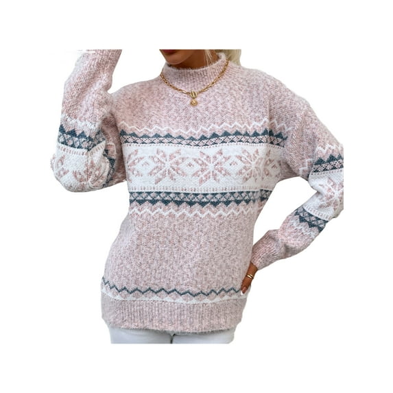 FEORJGP Women Christmas Sweater Long Sleeve Half High Neck Knit Pullover Cartoon Snowflake Print Holiday Knitwear Jumper Loose Casual Cozy Tops