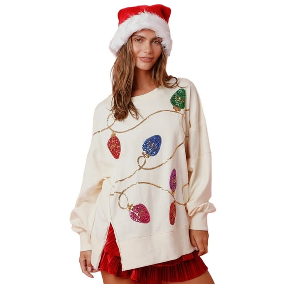 FEORJGP Women Christmas Sweatshirt Long Sleeve Pullover Crew Neck Jumpers Sequined Slit Hoodie Crew Neck Tops Loose Casual Daily Clothes