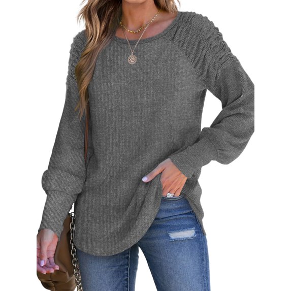 FEORJGP Women Cute Ruched Sweaters Long Sleeve Knitwear Pullover Crew Neck Jumpers Solid Color Basic Blouses Loose Casual Warm Tops for Spring Fall Streetwear