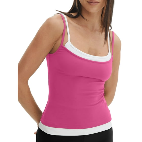 FEORJGP Women Fake Two-Pieces Camisoles XS-L Sleeveless Vest Double Spaghetti Strap Shirt Blouses Backless Tank Tops Ladies Cool Sexy Slim Summer Tops Streetwear