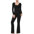 thumbnail image 1 of FEORJGP Women Flare Pants Jumpsuit Long Sleeve Bodysuit Solid Color U-Neck Bodycon Jumpsuit Wide Leg Full Length Romper 3D Flower Decor Slim Fit Outfit, 1 of 5