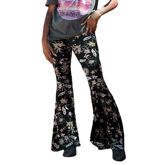FEORJGP Women High Waist Long Pants Ethnic Style Floral Print Flare Pants Ladies Slim Ugly Funny Trousers Spring Summer Casual Sweatpants Bottoms Streetwear