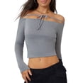 thumbnail image 1 of FEORJGP Women Long Sleeve Short T-Shirts Tie-Up Boat Neck Jumpers Off Shoulder Shirts Solid Color Blouses Slim Fit Cropped Tops Casual Fashion Streetwear for Spring Fall, 1 of 9