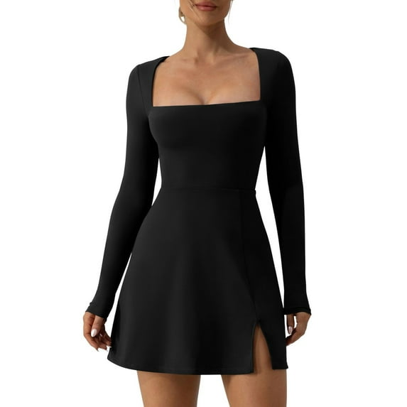 FEORJGP Women Sexy Slim Mini Dress Spring Summer Short Dress Long Sleeve Short Evening Dress Square Neck Dating Dress Solid Color Split Hem Party Dress for Holiday Daily Party