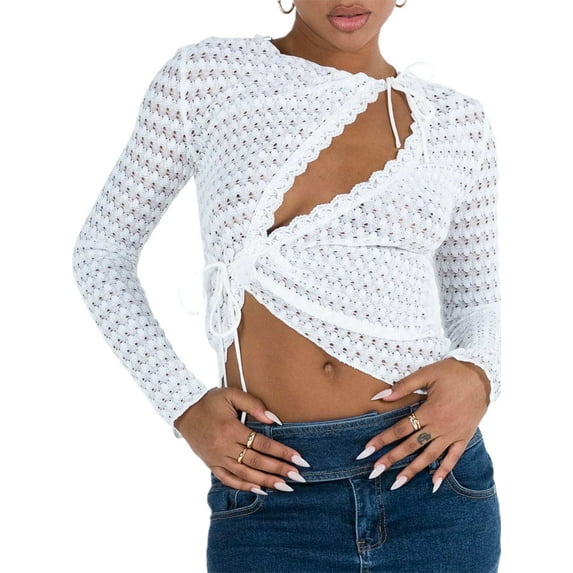 FEORJGP Women Sexy Summer Clothes Long Sleeve T-shirt Crew Neck Jumpers Tie-up Hollowed Irregular Blouses Ladies Crop Top Clubwear Streetwear for Bar Party