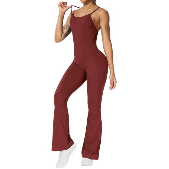 FEORJGP Women Summer Bodycon Jumpsuits Ladies Spaghetti Strap Rompers Sleeveless Bodysuit Wide-legging Flare Pants Cross Backless Solid Color Unitard Playsuits Casual Daily Streetwear