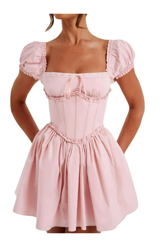 Women Summer Short Sleeve Mini Dress Casual Solid Color Princess Dress Backless Corset A-Line Dress Party Dress for Beach Cocktail Streetwear