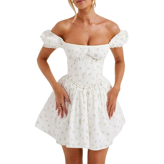 FEORJGP Women Summer Short Sleeve Mini Dress Casual Solid Color Princess Dress Backless Corset A-Line Dress Party Dress for Beach Cocktail Streetwear