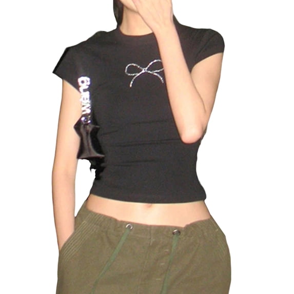 FEORJGP Women Summer Slim Crop Tops Ladies Short Sleeve T-shirt Crew Neck Shirt Hot Fix Drill Bowknot Blouses Streetwear