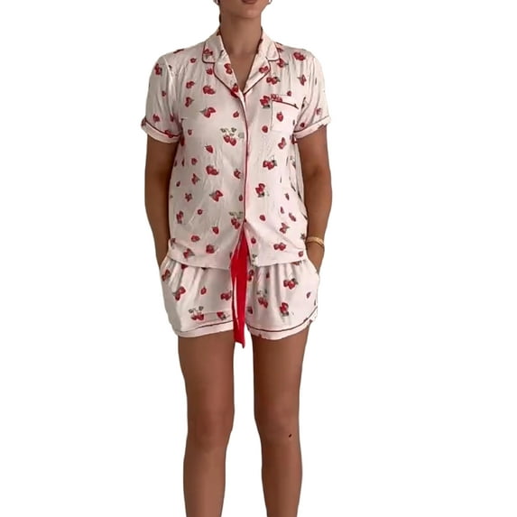 FEORJGP Women's 2 Piece Lounge Set Ladies Cute Casual Pajamas Short Sleeve Shirt Lapel Button T-shirt Tops Floral/Bear/Strawberry Print Shorts Sleepwear Sets