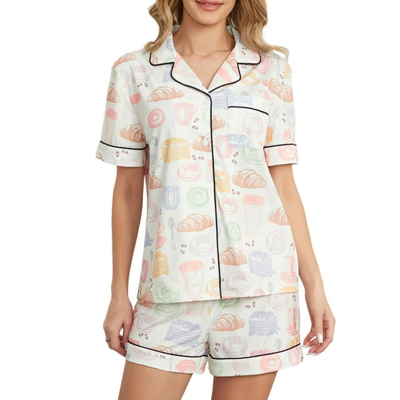 FEORJGP Women’s 2 Piece Pajamas Set Ladies Casual Loungewear Short Sleeve T-shirt Bread Print Button Up Shirt Tops + Shorts Set Cute Comfy Sleepwear