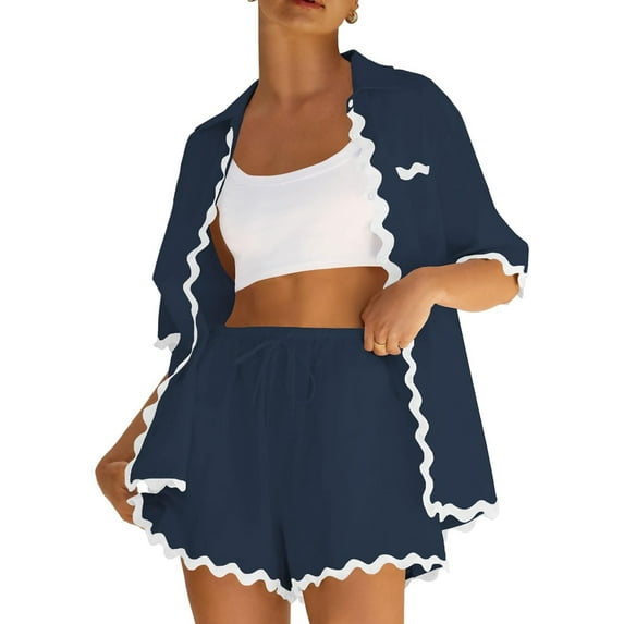 FEORJGP Women's 2 Piece Summer Set Lapel Neck Shirt Short Sleeve T-shirt Cardigan Button Down Ric Rac Tops + Elastic Waist Drawstring Shorts Fashion Casual Comfy Daily Outfits