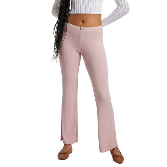 FEORJGP Women’s Casual Flare Pants Ladies Mid Waist Trousers Solid Color Loose Elastic Pants Lettuce Trim Bell-Bottoms Sweatpants for Daily