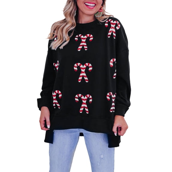 FEORJGP Women’s Christmas Sweatshirts Long Sleeve Pullovers Sparkle Candy Cane Print Jumpers Crew Neck Blouses Oversized Casual Tops for Spring Fall
