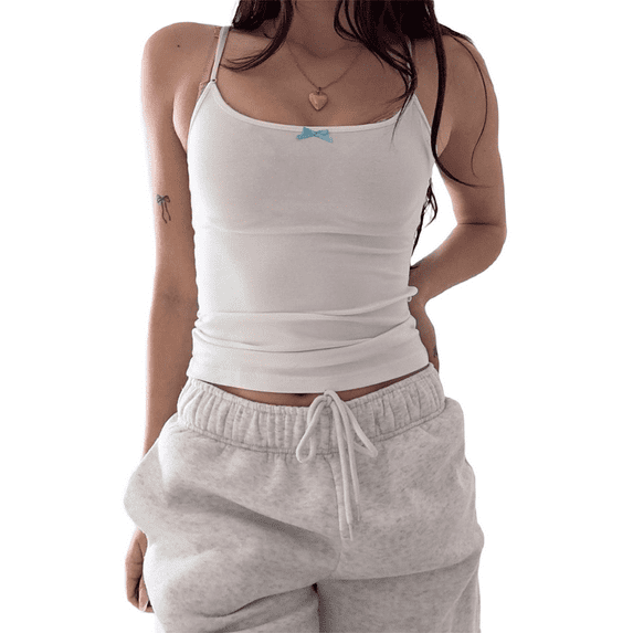 FEORJGP Women's Cute Cami Tops Ladies Slim Scoop Neck Camisole Backless 3D Bow Solid Color Adjustable Spaghetti Strap Ceopped Tank Tops for Summer