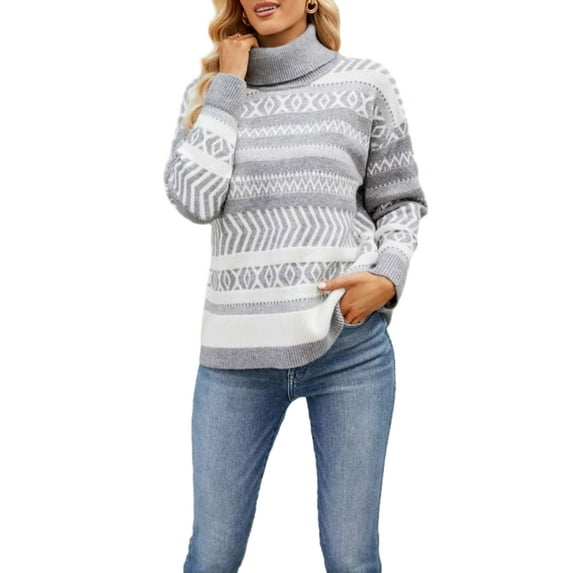 FEORJGP Women's Geometric Print Sweaters Long Sleeve Knitwear Pullovers Turtleneck Jumpers Oversized Casual Knit Tops Streetwear Casual Clothes for Autumn Winter