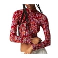 thumbnail image 1 of FEORJGP Women's Long Sleeve T-Shirt Floral Print High Neck Pullover Lettuce Shirt Slim Mesh Cropped Tops Streetwear for Spring Summer, 1 of 5