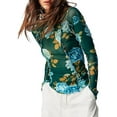 thumbnail image 1 of FEORJGP Women's Long Sleeve T-Shirt Floral Print High Neck Pullover Lettuce Shirt Slim Mesh Cropped Tops Streetwear for Spring Summer, 1 of 6