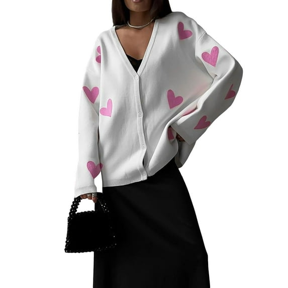 FEORJGP Women's Loose Knit Cardigan Ladies Long Sleeve Sweater Heart Embroidery Knitwear V-Neck Tops Button Down Jacket Teen Girls Daily Casual Soft Coat Outerwear for Spring Autumn