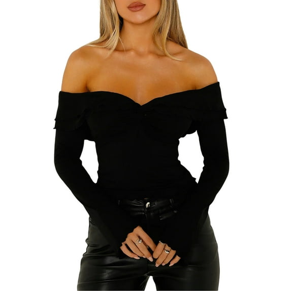 FEORJGP Women's Off Shoulder Tops Ladies Sexy Elegant Shirt Slim Fit Sweetheart Neck Blouses Long Sleeve T-shirt Front Ruched Twist Crop Tops Streetwear for Spring Fall