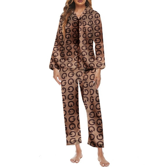 FEORJGP Women's Satin Pajama Set Ladies Soft Loungewear Long Sleeve Shirt Lapel Neck T-shirt Button Down Tops + Elastic Waist Pants Fashion Comfy 2 Piece Sleepwear for Spring Fall