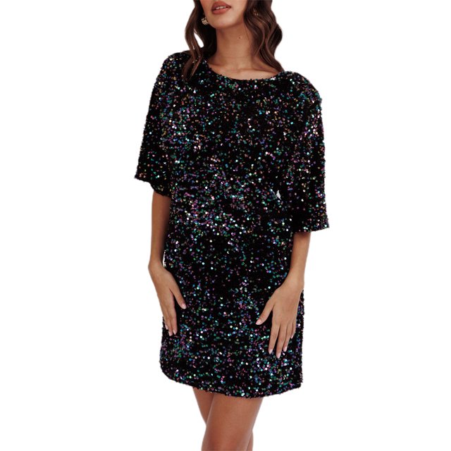 FEORJGP Women's Sequin Dress Casual Loose Sparkly Round Neck Short