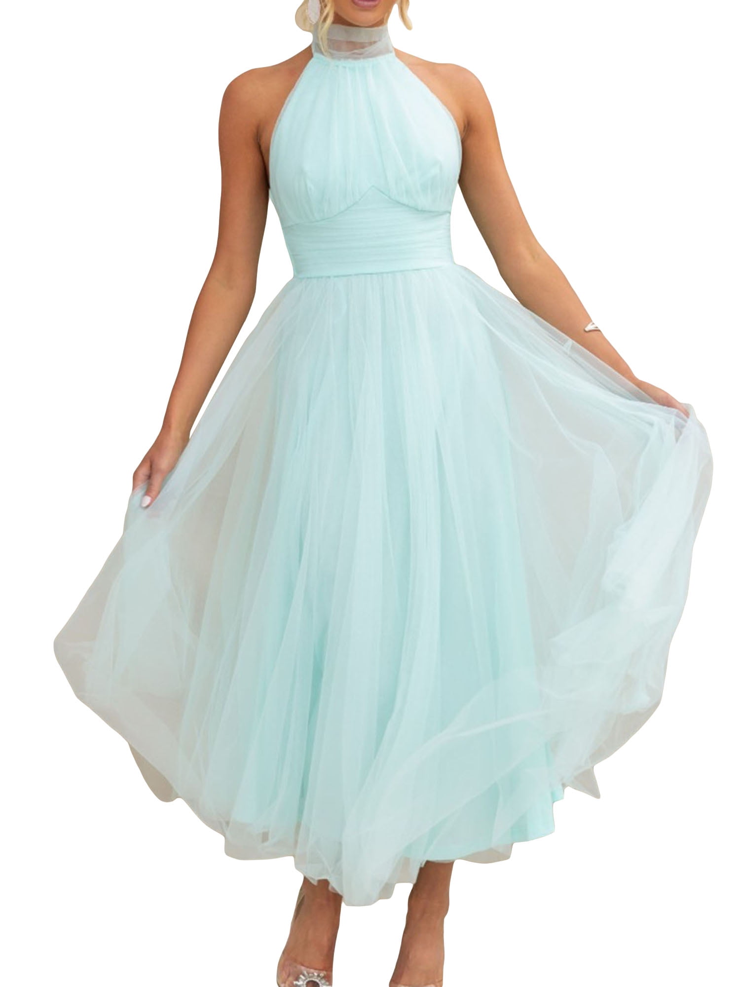 FEORJGP Women's Sexy Backless Long Dress Adjustable Tie Halter Neck Party  Dress Tulle High Waist Solid Wedding Dress Fairy Dress Elegant Evening Dress  - Walmart.com