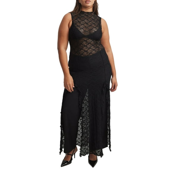 FEORJGP Women's Sexy Lace Long Dress Sheer Mesh Maxi Dress Vintage Sleeveless Party Dress Round Neck See Through Dress Solid Color Bodycon Dress High Split Dress for Bar Club Streetwear Beachwear