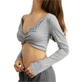 thumbnail image 1 of FEORJGP Women’s Sexy Twist Front Crop Tops Ladies Long Sleeve T-Shirts Deep V Neck Vest Solid Color Slim Fit Blouses Streetwear for Daily Casual Fashion Spring Summer Clothes, 1 of 8