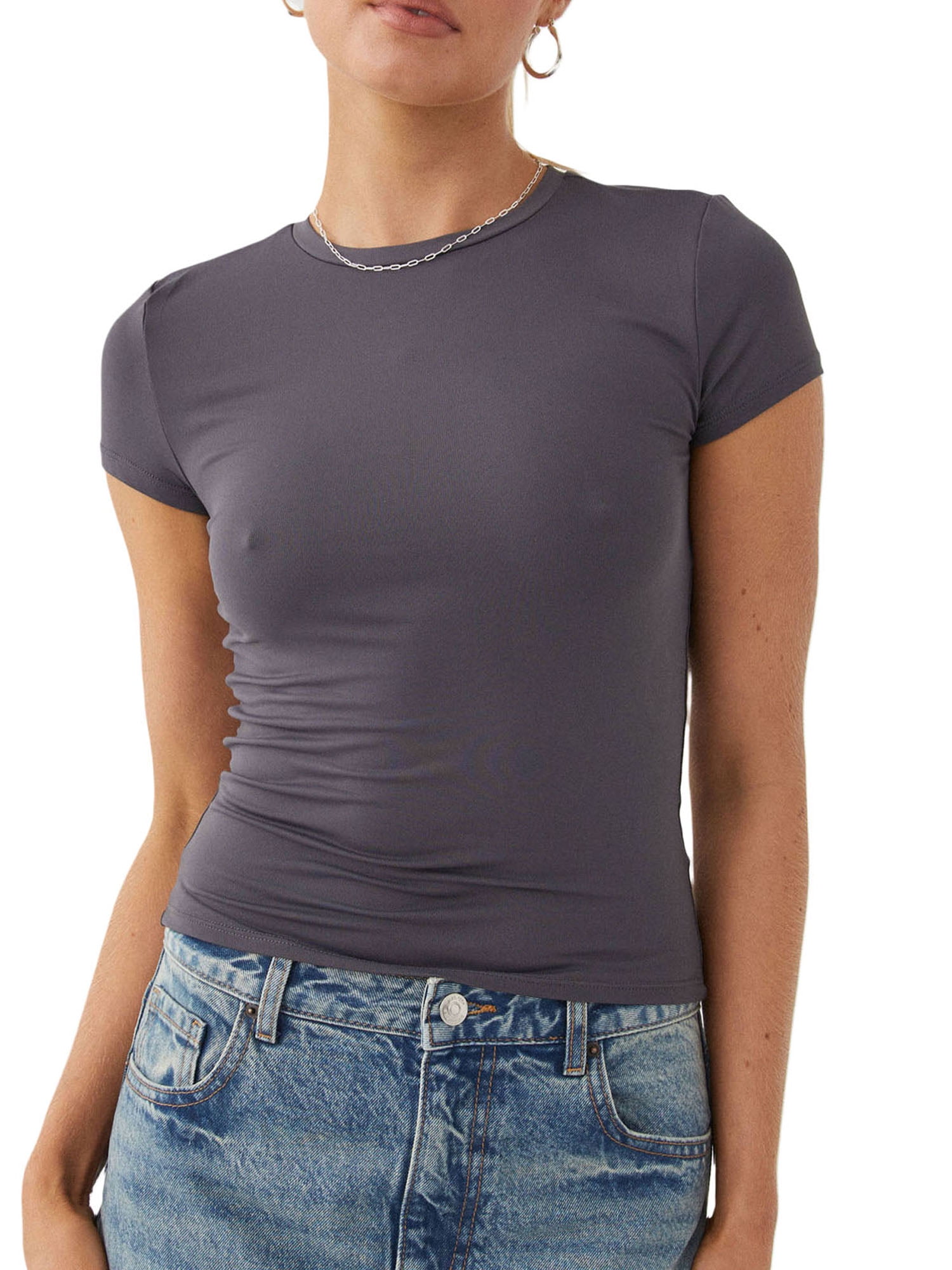 FEORJGP Women's Slim Basic T-Shirts Ladies Short Sleeve Shirt Tight ...