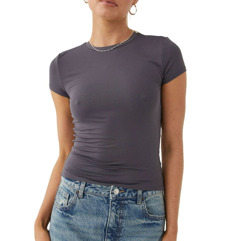 Feorjgp Women s Slim Basic T shirts Ladies Short Sleeve Shirt Tight Fitted Round Neck Blouses Solid Color Bodycon Tops Streetwear Teen Girl Cool