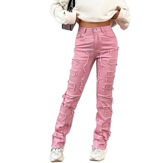 FEORJGP Women's Spring Autumn Denim Pants Solid Color Trousers Mid Rise Sweatpants Slim Fit Straight Leg Patch Jeans Casual Daily Bottom