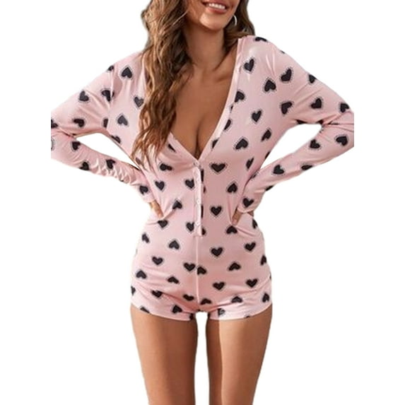 FEORJGP Women's Valentine's Day Pajamas Romper Ladies Short Sleeve Jumpsuit Deep V Neck Bodysuit Button Up Lips/ Heart Print Shorts Loungewear Soft Cute Sleepwear
