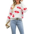 thumbnail image 1 of FEORJGP Women's Valentine’s Day Sweater Cartoon Lip Print Knitwear Jumper Long Sleeve Sweatshirt Round Neck Pullover Warm Knitted Chunky Cable Tops Loose Casual Spring Fall Clothes, 1 of 9
