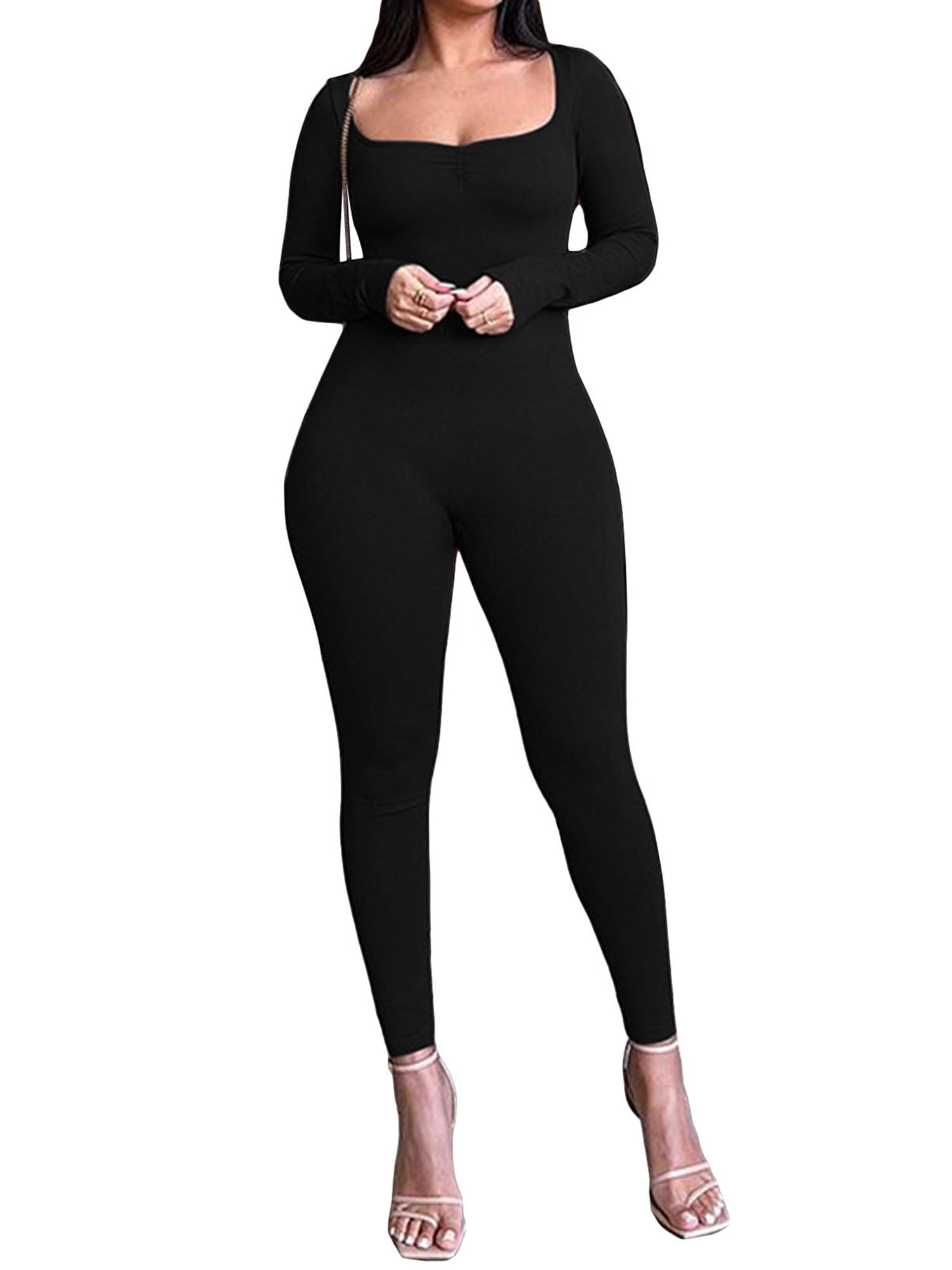 FEORJGP Women's Yoga Bodycon Jumpsuit Pants Long Sleeve Bodysuit ...