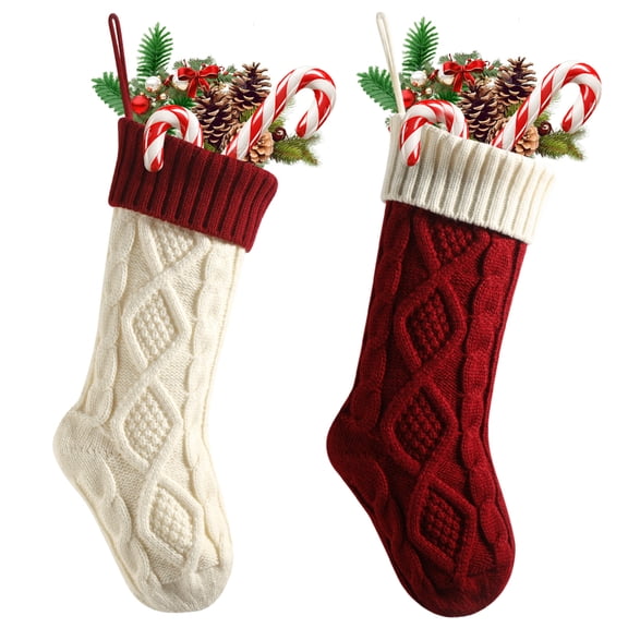 FEOYA 18 Inch Stockings Hanging Stocking Decorations Stocking Cable Knitted Stockings Personalized Stockings Large Size 2 Pack for Family Holiday Courtyards Fences Backyards